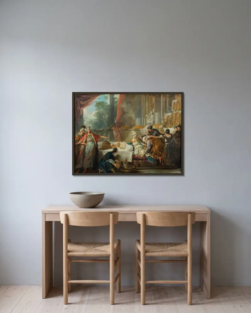 Domen över Aman av Jean-François de Troy inramad på en vägg
