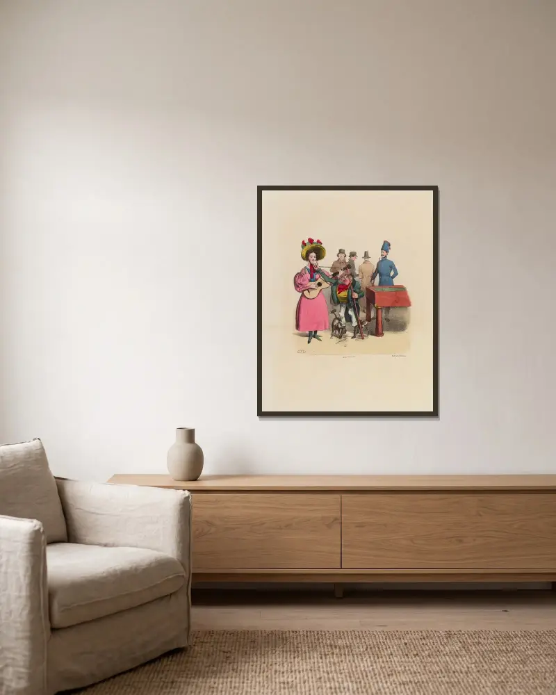 Komm doch zu mir, kleines Schelmenstück, wir werden Schreckliches anstellen von Charles-Joseph Traviès de Villers gerahmt an einer Wand