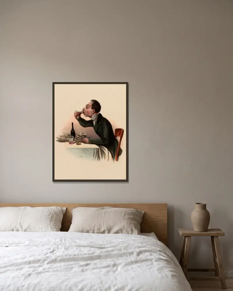 L’amateur d’huîtres. The Lover of oisters av Charles-Joseph Traviès de Villers inramad på en vägg