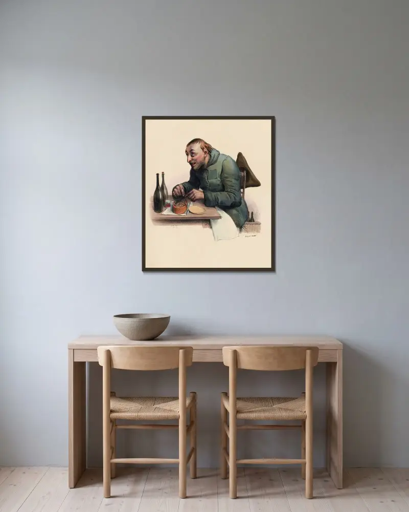 Tiggaren hemma hos sig av Charles-Joseph Traviès de Villers inramad på en vägg