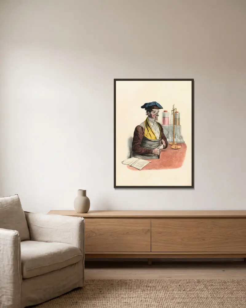 Der Kolonialwarenhändler von Charles-Joseph Traviès de Villers gerahmt an einer Wand