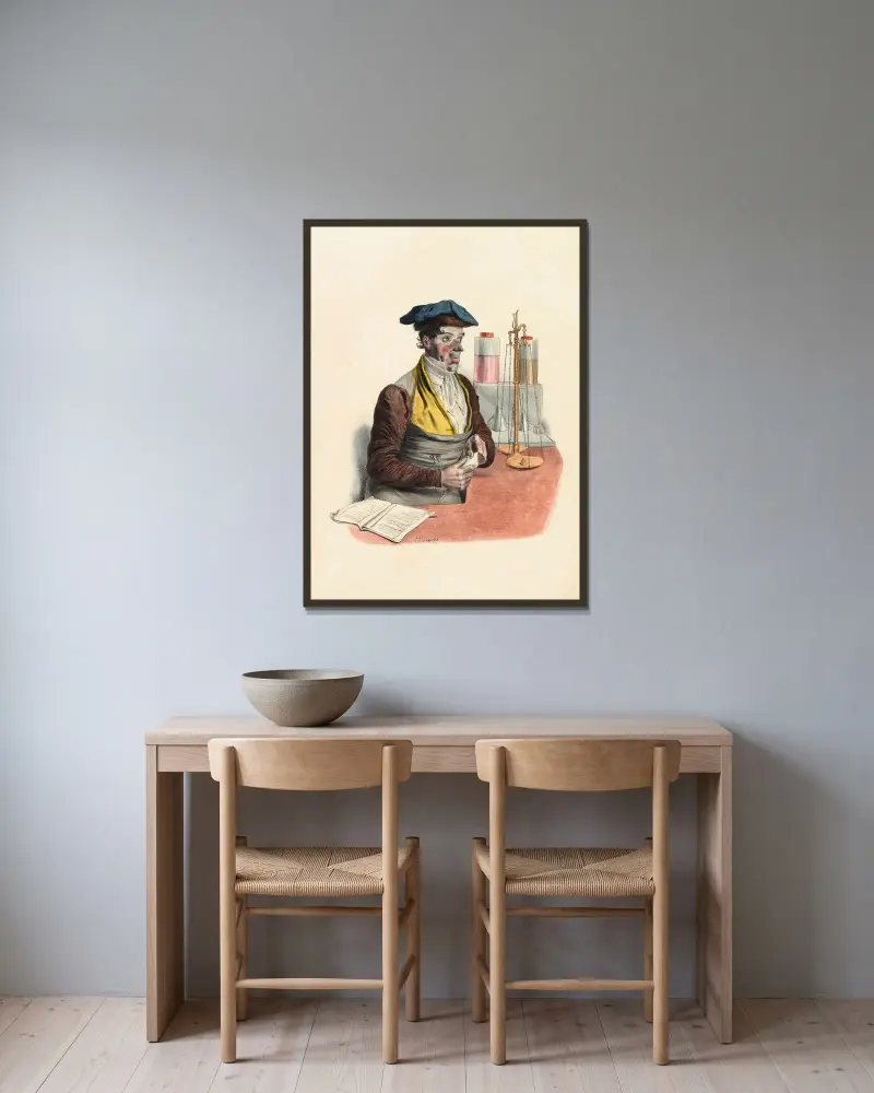 Der Kolonialwarenhändler von Charles-Joseph Traviès de Villers gerahmt an einer Wand