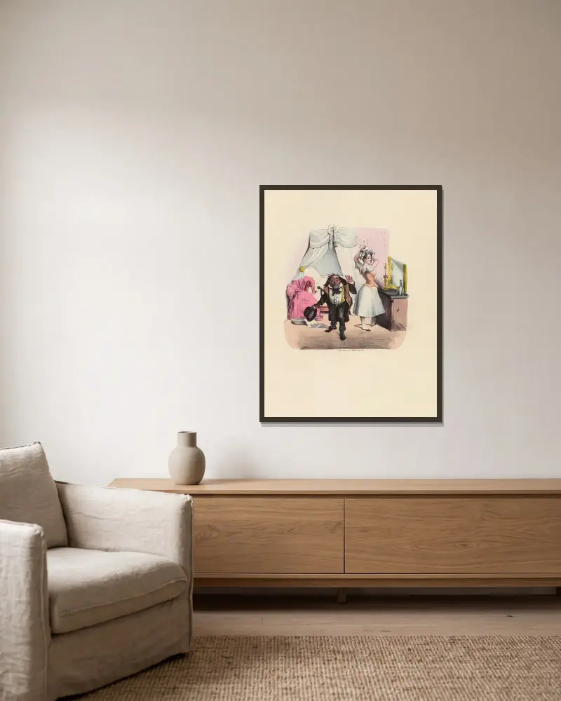 Ein Familienvater mit vier Kindern.. Ich bin ein vollkommener Schurke von Charles-Joseph Traviès de Villers gerahmt an einer Wand