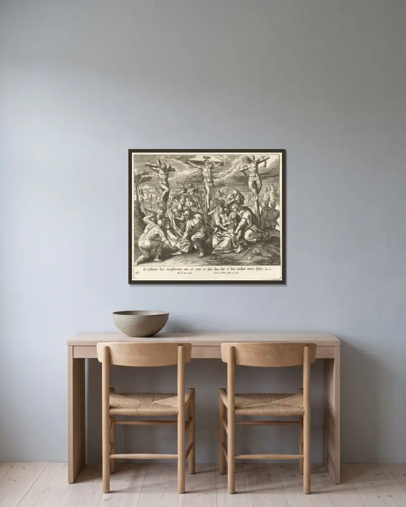 Kreuzigung von Maerten De Vos gerahmt an einer Wand
