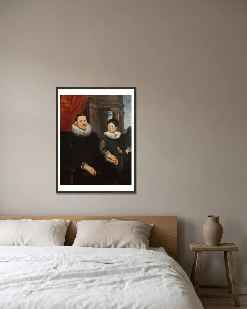 Porträtt av en far med sin son av Cornelis de Vos inramad på en vägg