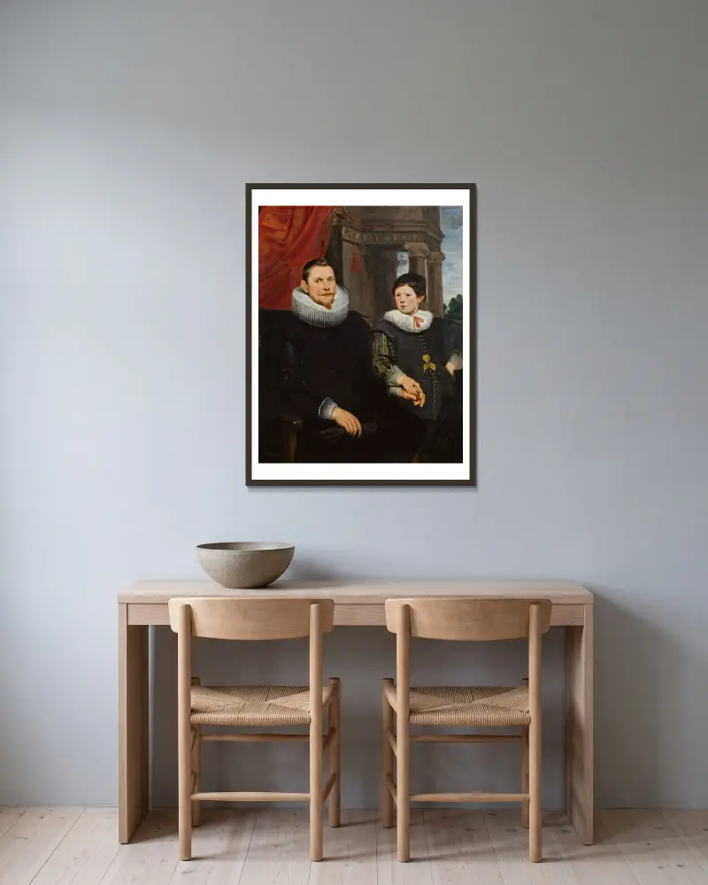 Porträtt av en far med sin son av Cornelis de Vos inramad på en vägg
