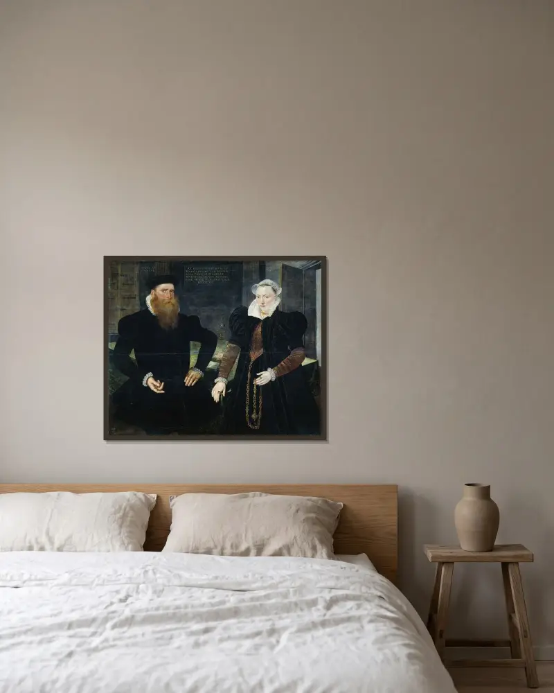 Porträt von Gillis Hooftman, Reeder, und seiner Frau Margaretha van Nispen (Gilles van Eichelenberg, genannt Hoffman) von Maerten De Vos gerahmt an einer Wand