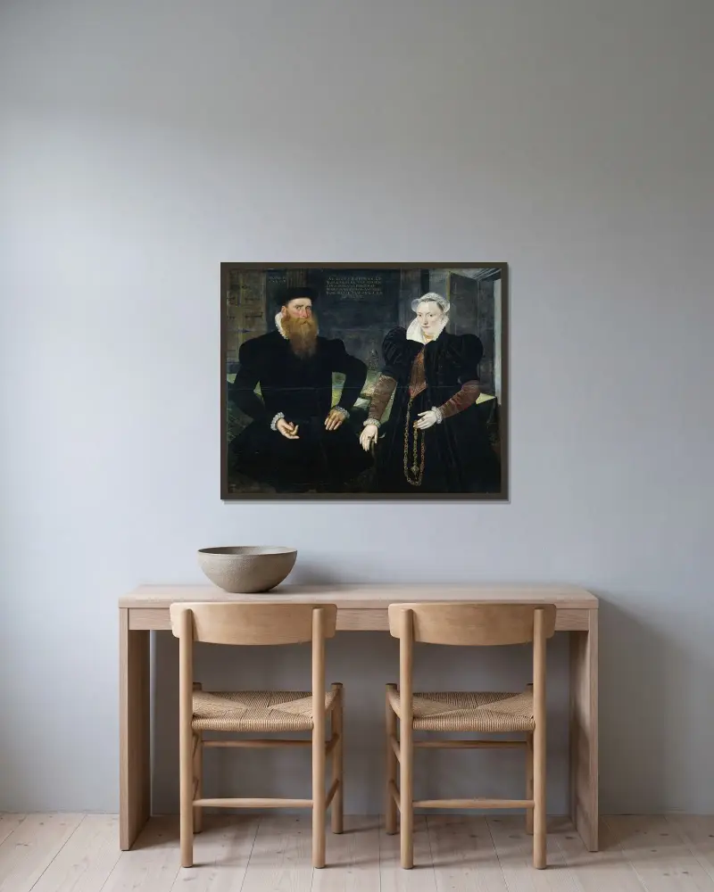 Porträt von Gillis Hooftman, Reeder, und seiner Frau Margaretha van Nispen (Gilles van Eichelenberg, genannt Hoffman) von Maerten De Vos gerahmt an einer Wand