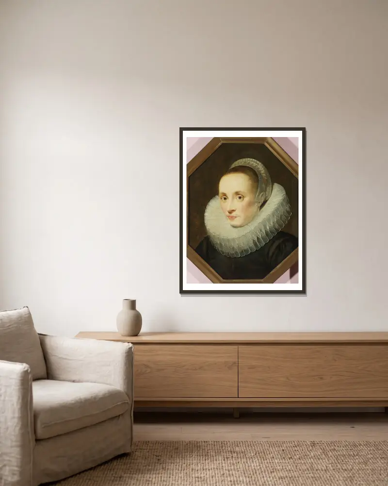 Portrait of Margarita de Vos av Cornelis de Vos inramad på en vägg