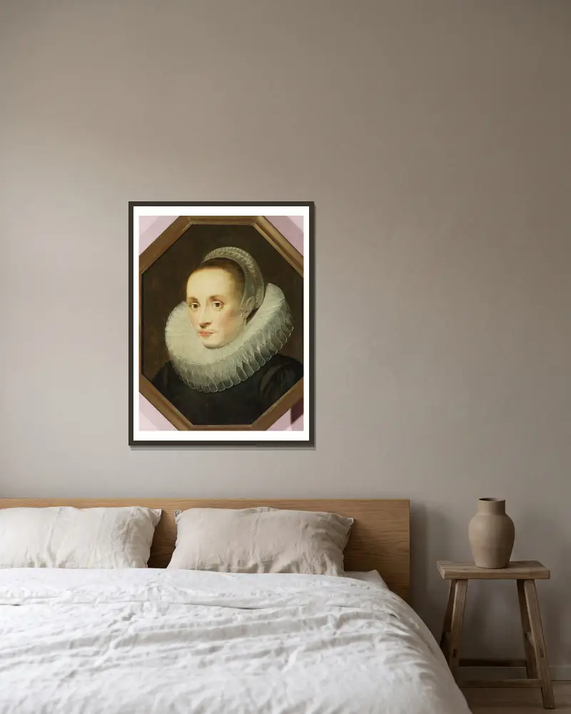 Portrait of Margarita de Vos av Cornelis de Vos inramad på en vägg
