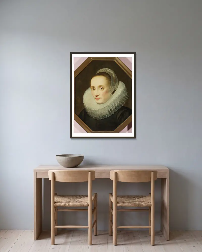 Portrait of Margarita de Vos av Cornelis de Vos inramad på en vägg