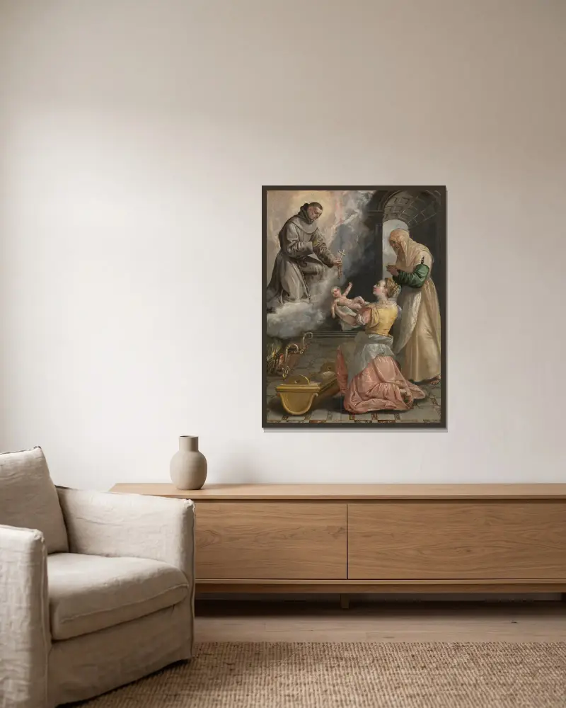 Saint Didacus Brings the Stillborn Girl to Life av Maerten De Vos inramad på en vägg