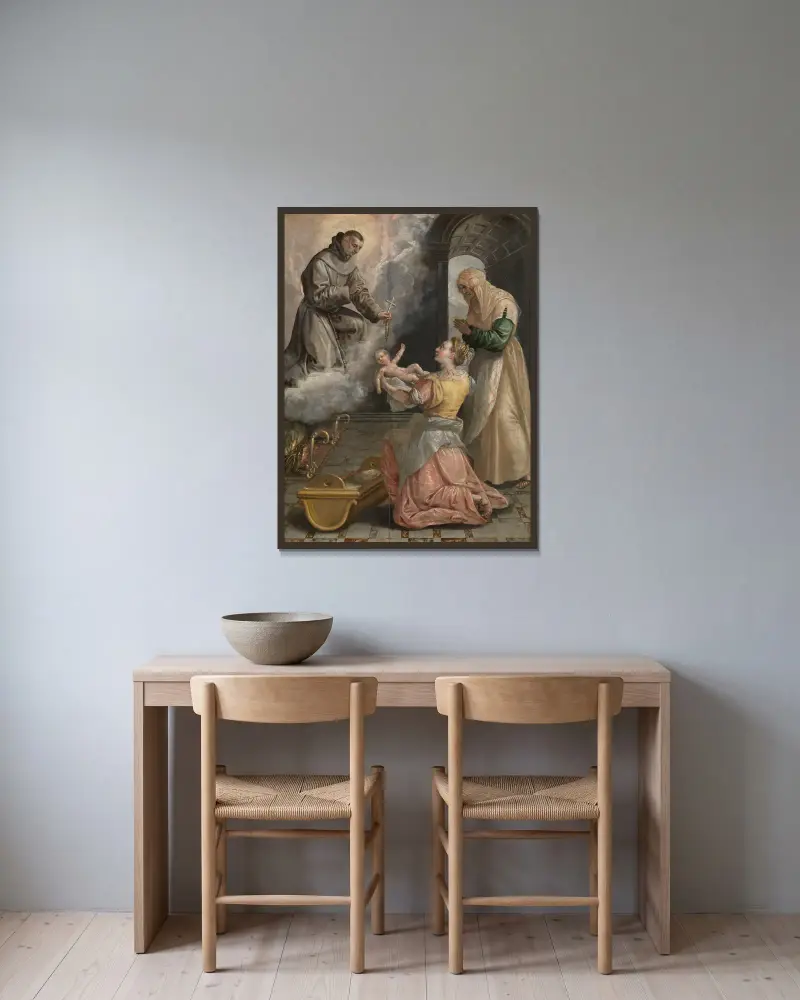 Saint Didacus Brings the Stillborn Girl to Life av Maerten De Vos inramad på en vägg