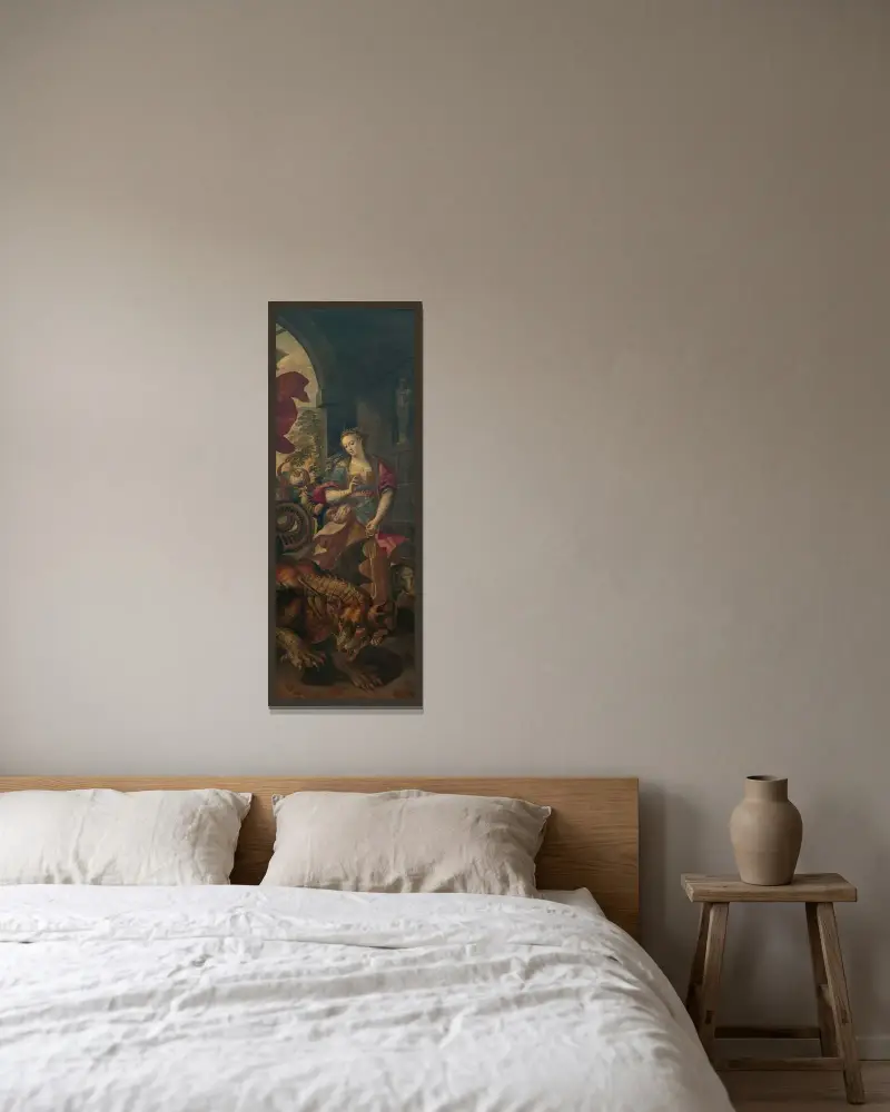 Der heilige Georg und die Prinzessin der Stille kehren mit dem besiegten Drachen in die Stadt zurück 2 von Maerten De Vos gerahmt an einer Wand