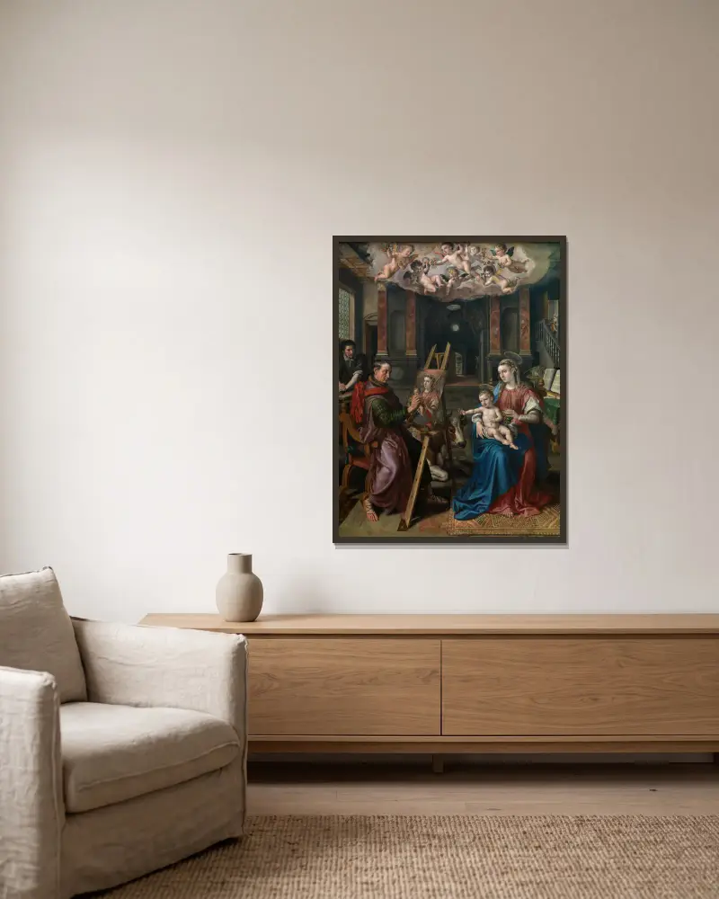 Saint Luke Painting the Virgin av Maerten De Vos inramad på en vägg