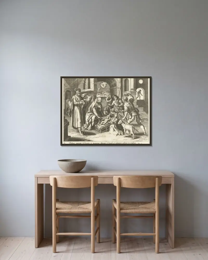The Adoration of the Shepherds av Maerten De Vos inramad på en vägg