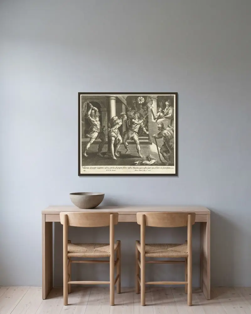 Die Geißelung Christi von Maerten De Vos gerahmt an einer Wand