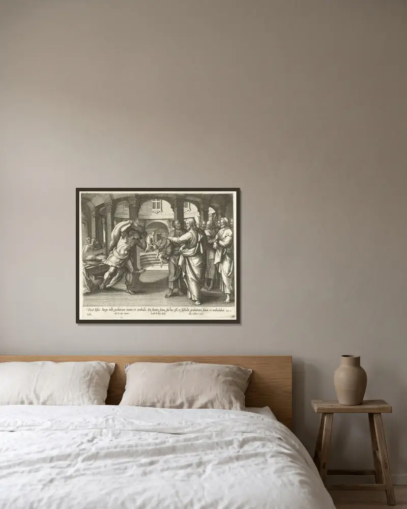 Die Heilung am Teich Bethesda von Maerten De Vos gerahmt an einer Wand