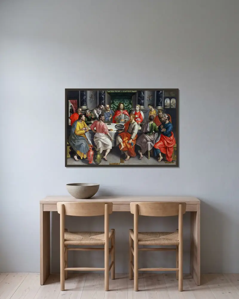 Das Letzte Abendmahl von Maerten De Vos gerahmt an einer Wand