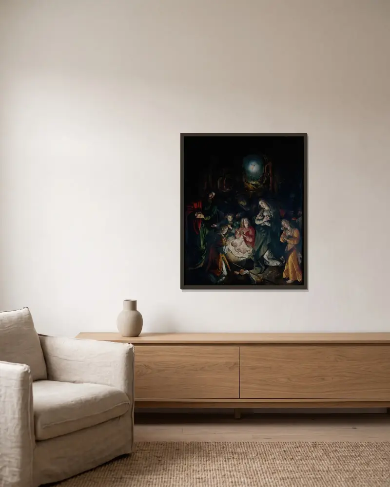 Die Geburt Christi von Maerten De Vos gerahmt an einer Wand