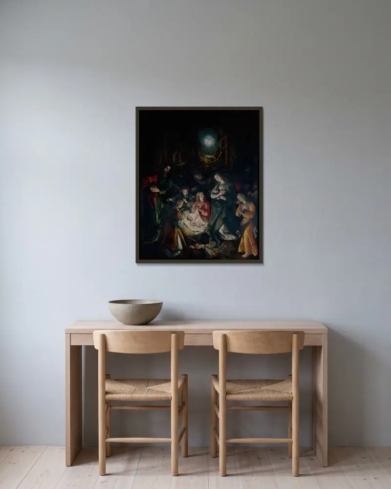 Die Geburt Christi von Maerten De Vos gerahmt an einer Wand