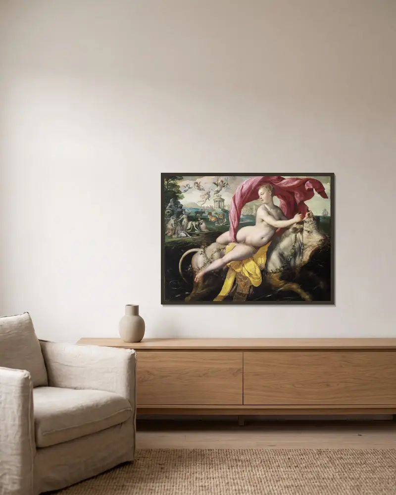 The Rape of Europa av Maerten De Vos inramad på en vägg