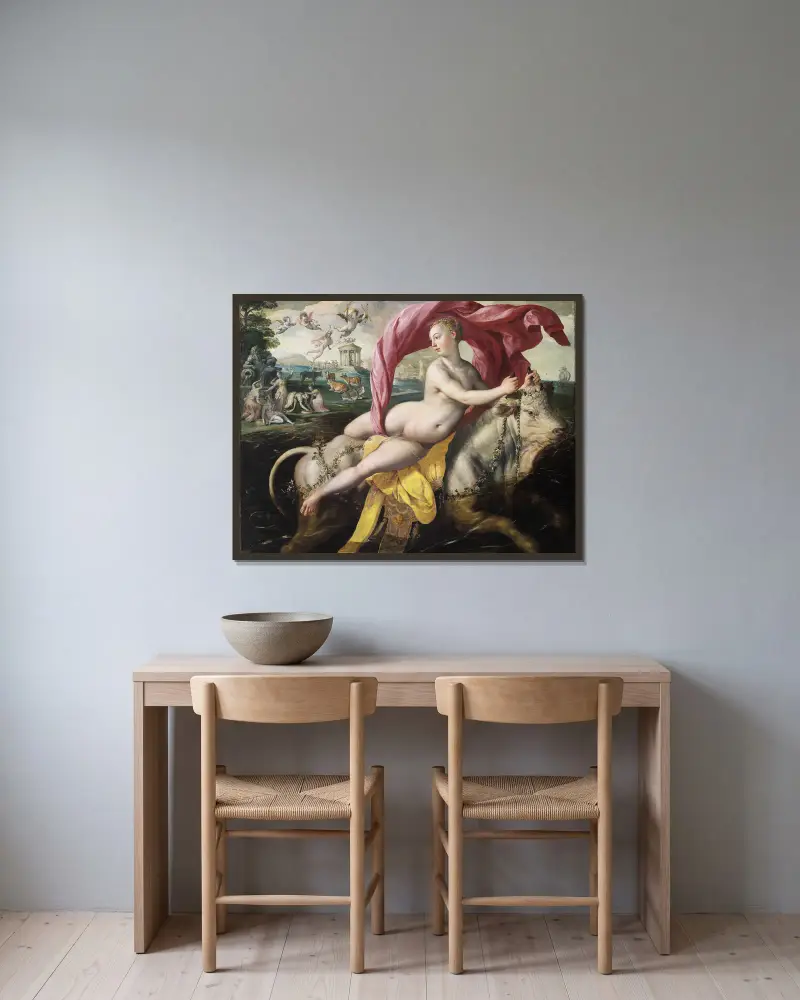 The Rape of Europa av Maerten De Vos inramad på en vägg