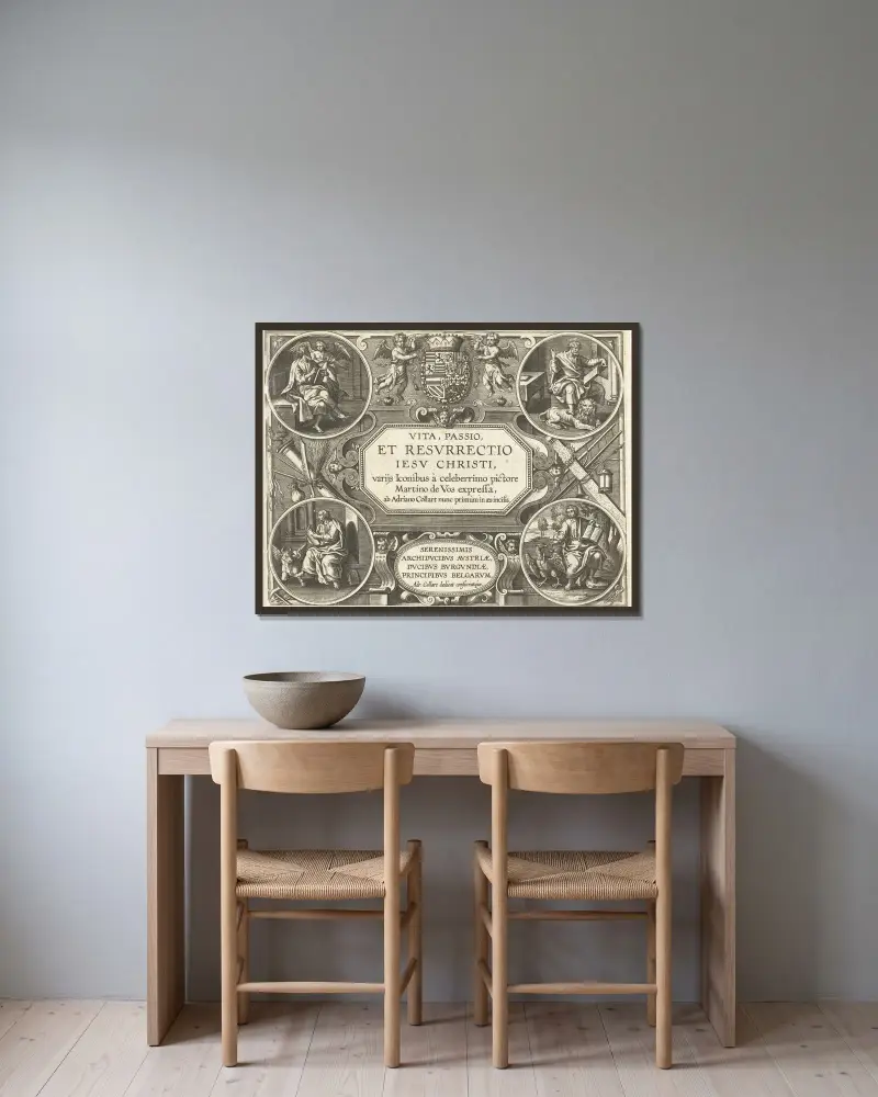 Vita, passio et Resvrrectio Iesv Christi – Title page av Maerten De Vos inramad på en vägg