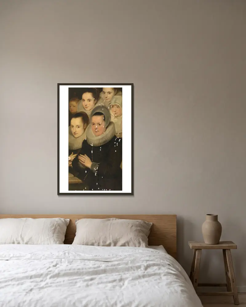 Die Frau des Stifters mit fünf Töchtern von Cornelis de Vos gerahmt an einer Wand