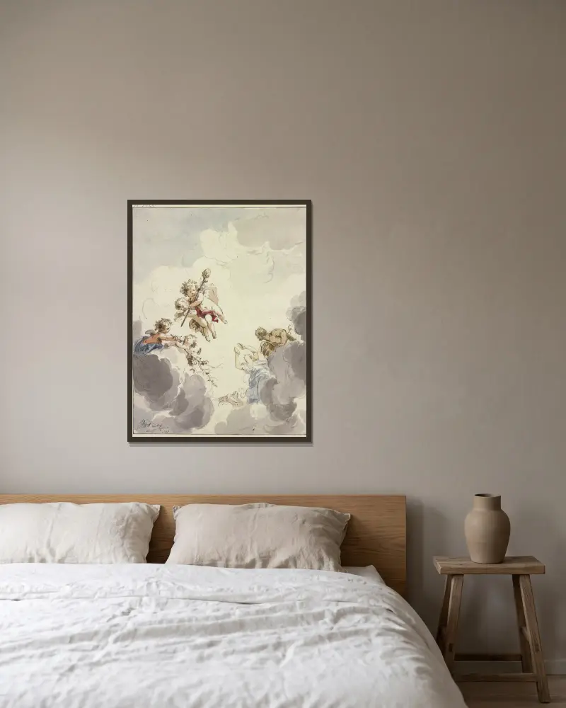 Amoretten mit einem Thyrsusstab und Bacchanten in Wolken av Jacob de Wit inramad på en vägg