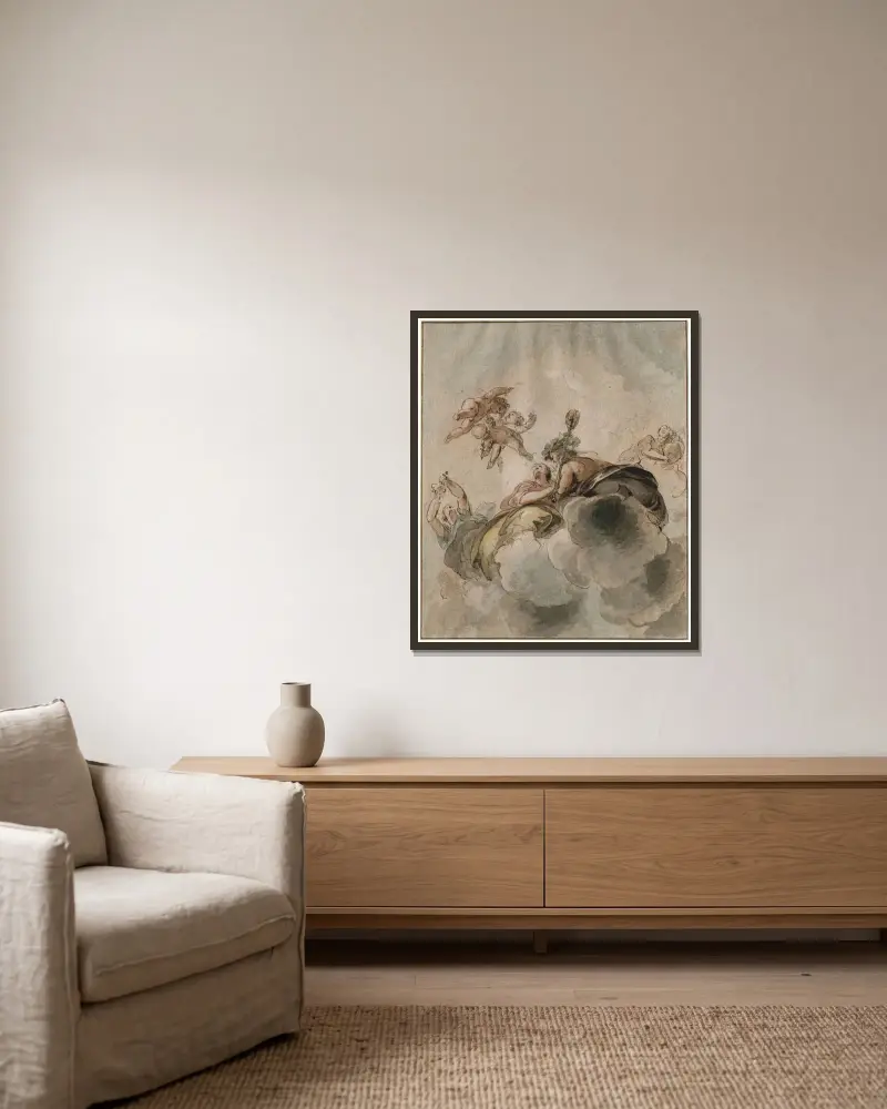 Bacchanter och putti bland molnen av Jacob de Wit inramad på en vägg