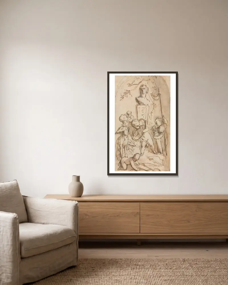 Büste der Diana mit Putti und Jagdattributen von Jacob de Wit gerahmt an einer Wand