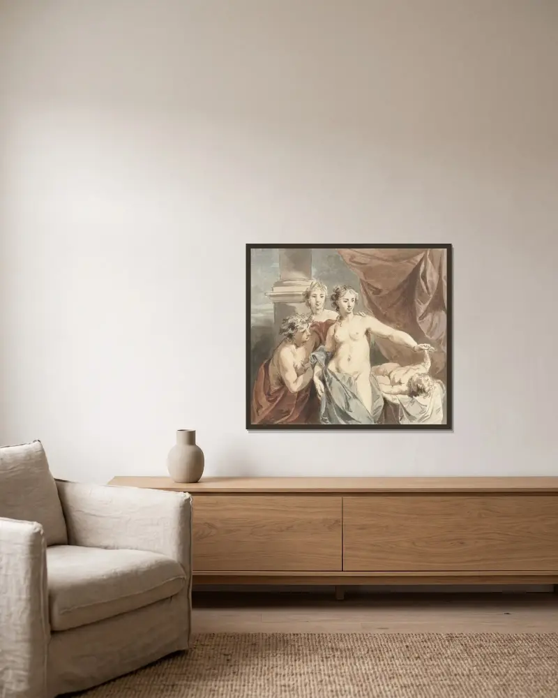 Ceres, Venus, Bacchus och en sovande Amor av Jacob de Wit inramad på en vägg