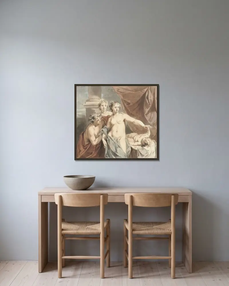 Ceres, Venus, Bacchus och en sovande Amor av Jacob de Wit inramad på en vägg