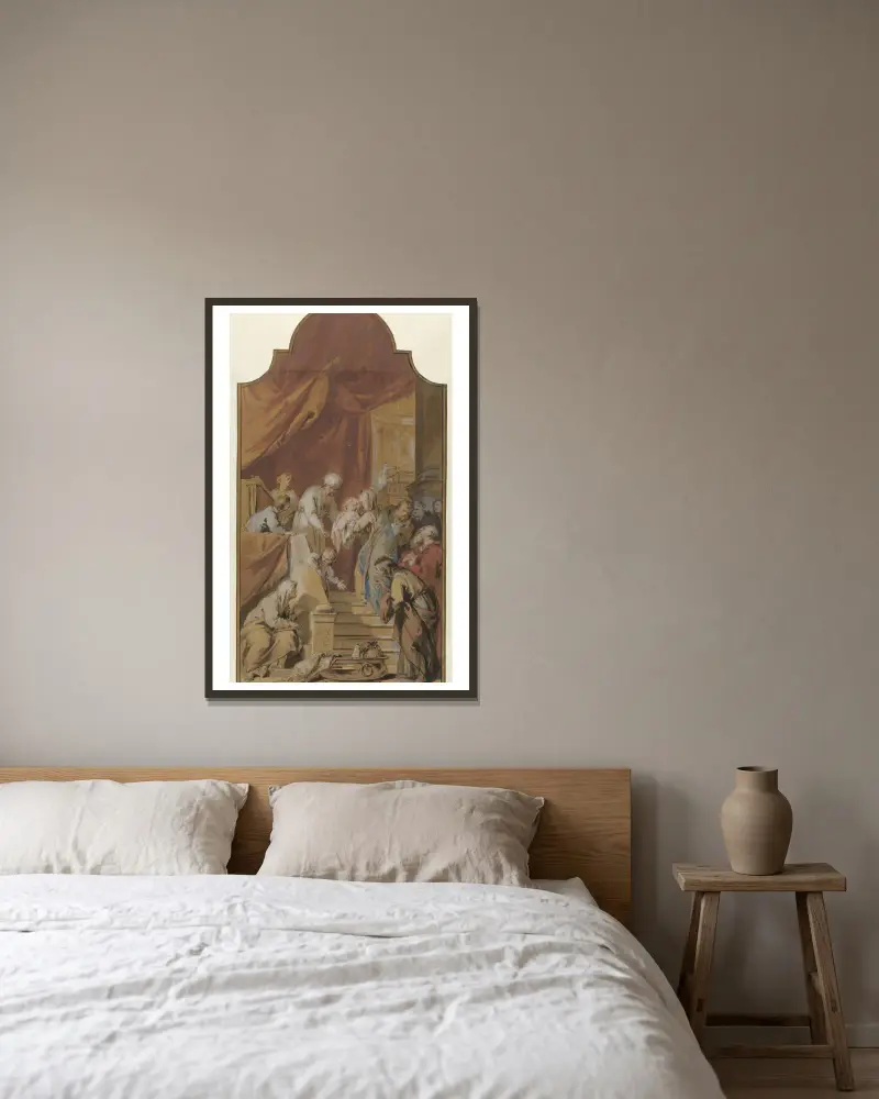 Die Opferung im Tempel von Jacob de Wit gerahmt an einer Wand