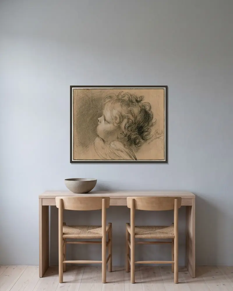 Engelenkopje (cherub) av Jacob de Wit inramad på en vägg