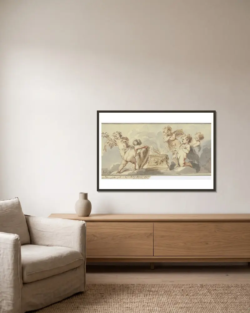 Pět putti u obětního oltáře, Jacob de Wit v rámu na stěně