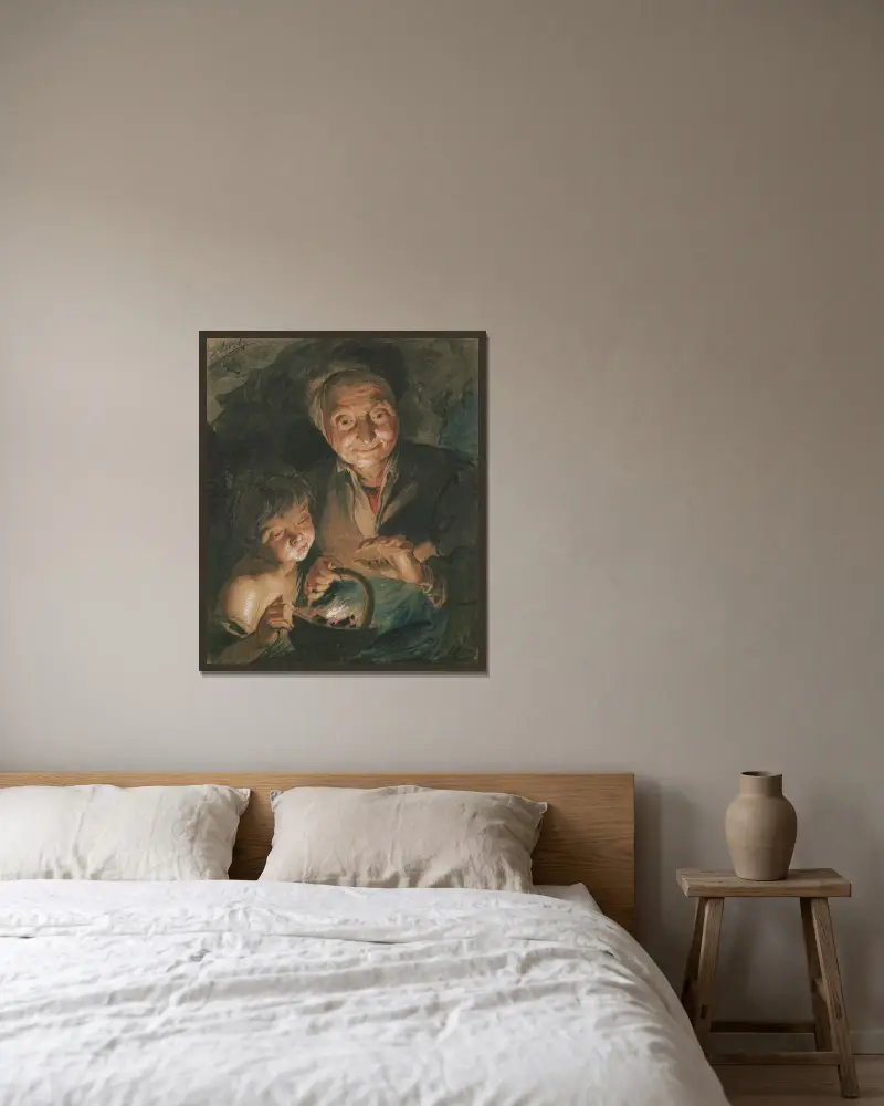 Gammal kvinna och pojke som värmer sina händer (efter Peter Paul Rubens) av Jacob de Wit inramad på en vägg