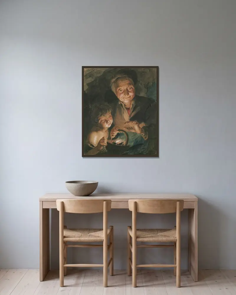 Gammal kvinna och pojke som värmer sina händer (efter Peter Paul Rubens) av Jacob de Wit inramad på en vägg