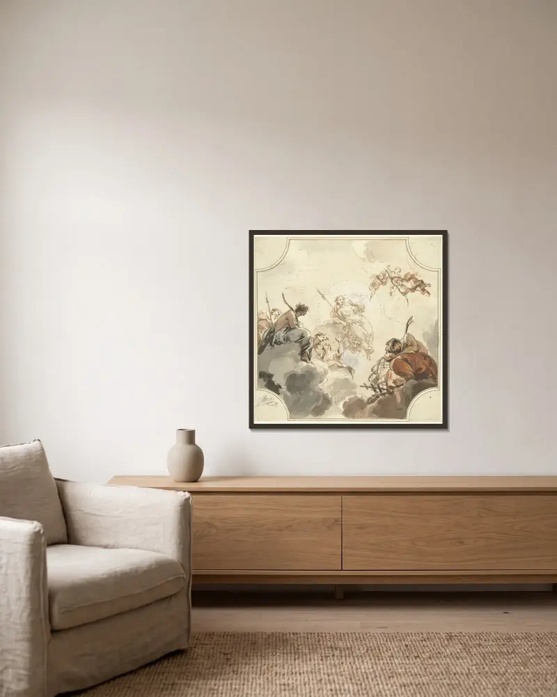 Ontwerp voor een plafondschildering met Diana en Endymion av Jacob de Wit inramad på en vägg