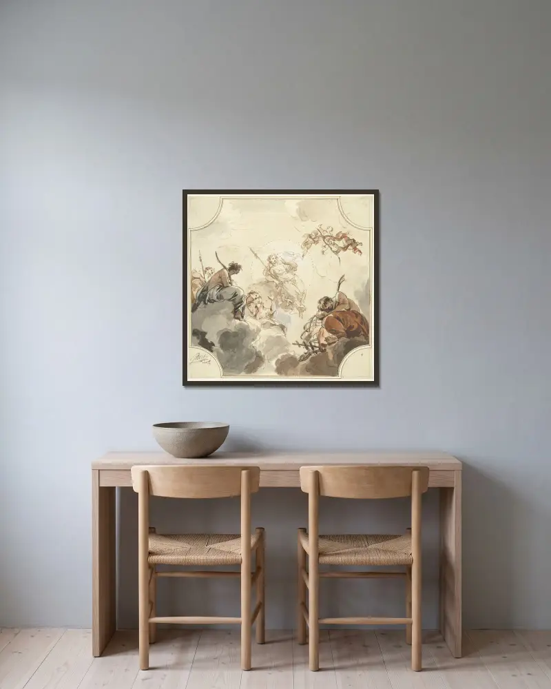 Ontwerp voor een plafondschildering met Diana en Endymion av Jacob de Wit inramad på en vägg