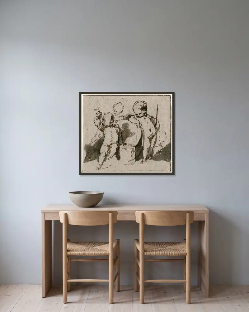 Putti vid en vintunna av Jacob de Wit inramad på en vägg