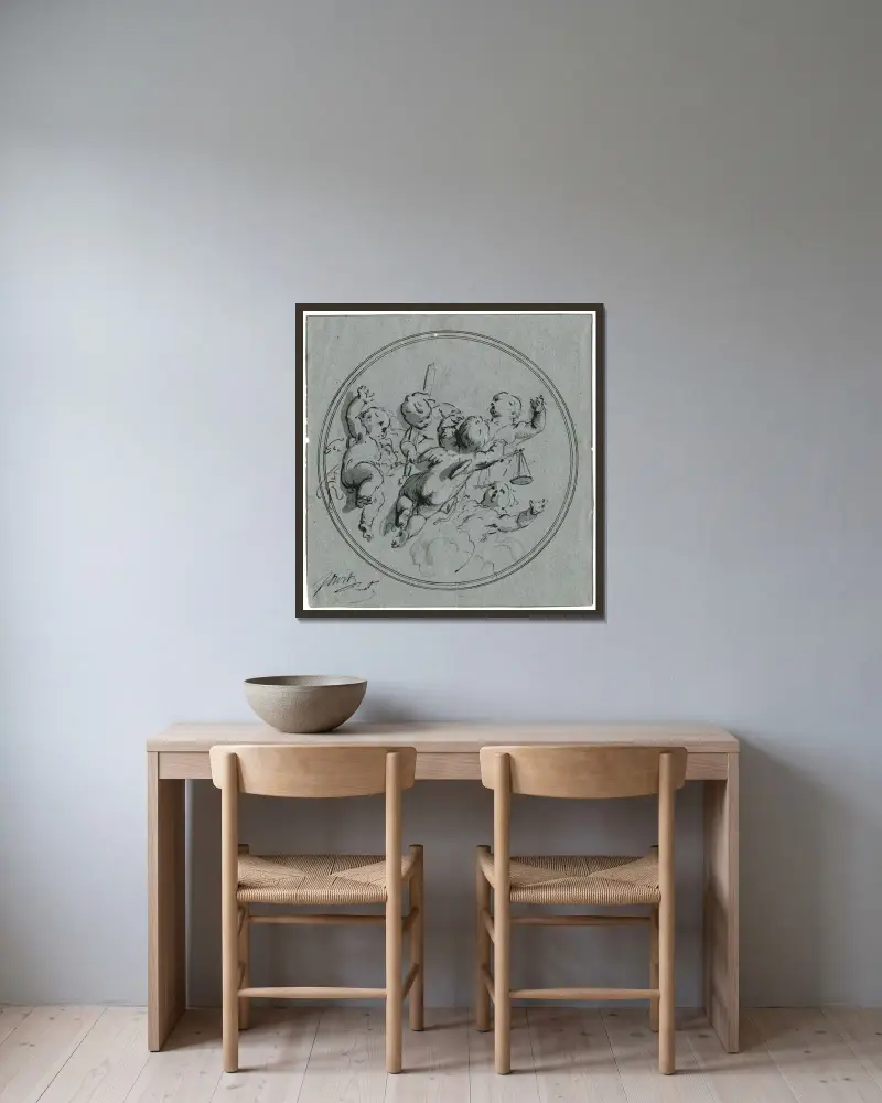 Putti med rättvisans attribut av Jacob de Wit inramad på en vägg