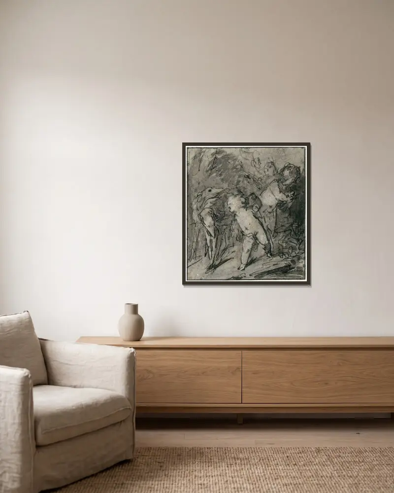 Putti med vinthund av Jacob de Wit inramad på en vägg