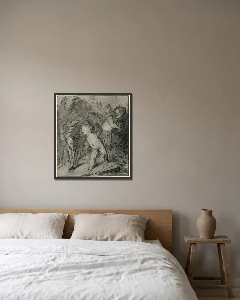 Putti med vinthund av Jacob de Wit inramad på en vägg