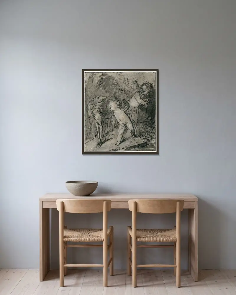 Putti med vinthund av Jacob de Wit inramad på en vägg