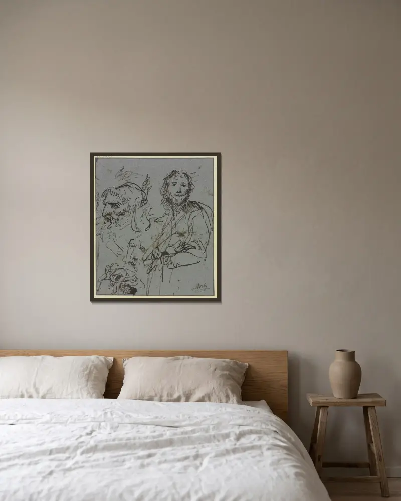 Studieblad; profilhuvud av en man samt bröstbild av en man av Jacob de Wit inramad på en vägg