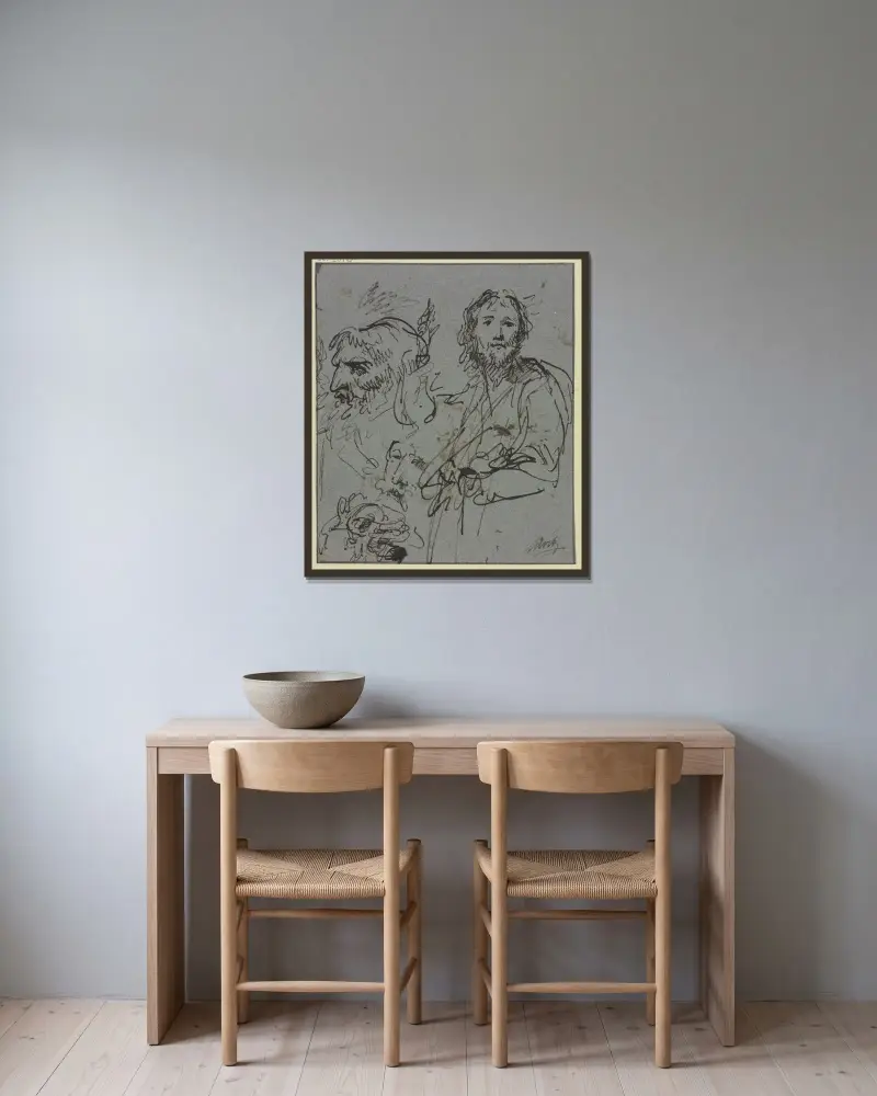 Studieblad; profilhuvud av en man samt bröstbild av en man av Jacob de Wit inramad på en vägg