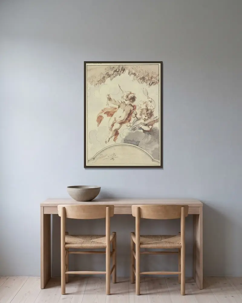 Drei Amoretten von Jacob de Wit gerahmt an einer Wand