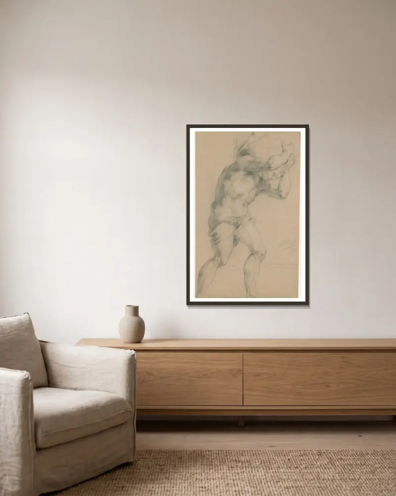 Gehender nackter Mann, eine Last tragend von Jacob de Wit gerahmt an einer Wand